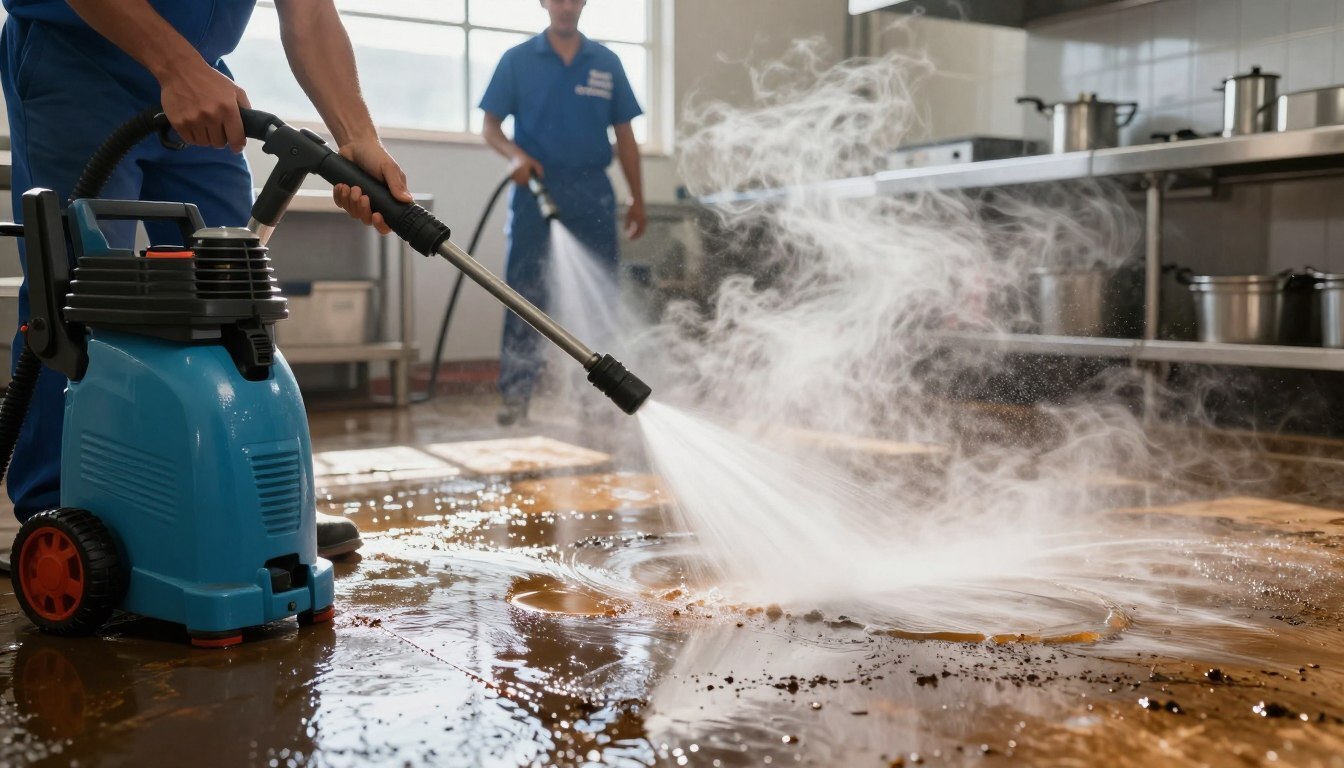 Hot water pressure washing on greasy surfaces in a commercial setting