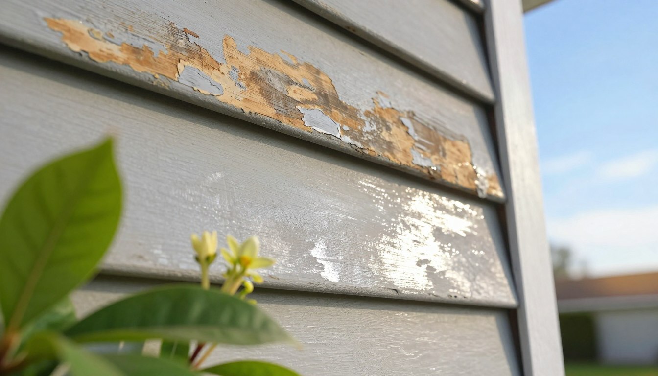 A close-up view of weathered vinyl siding showing signs of oxidation restored to a bright shine.