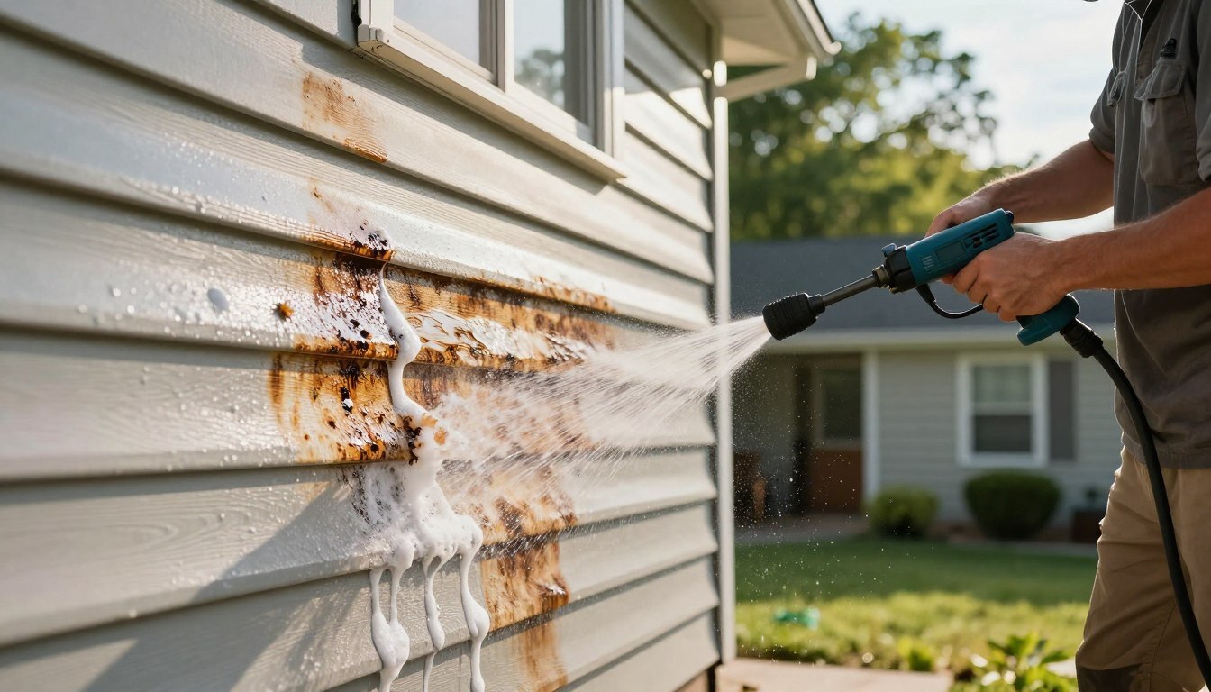 Professional removing oxidation from aluminum siding with specialized cleaning tools.