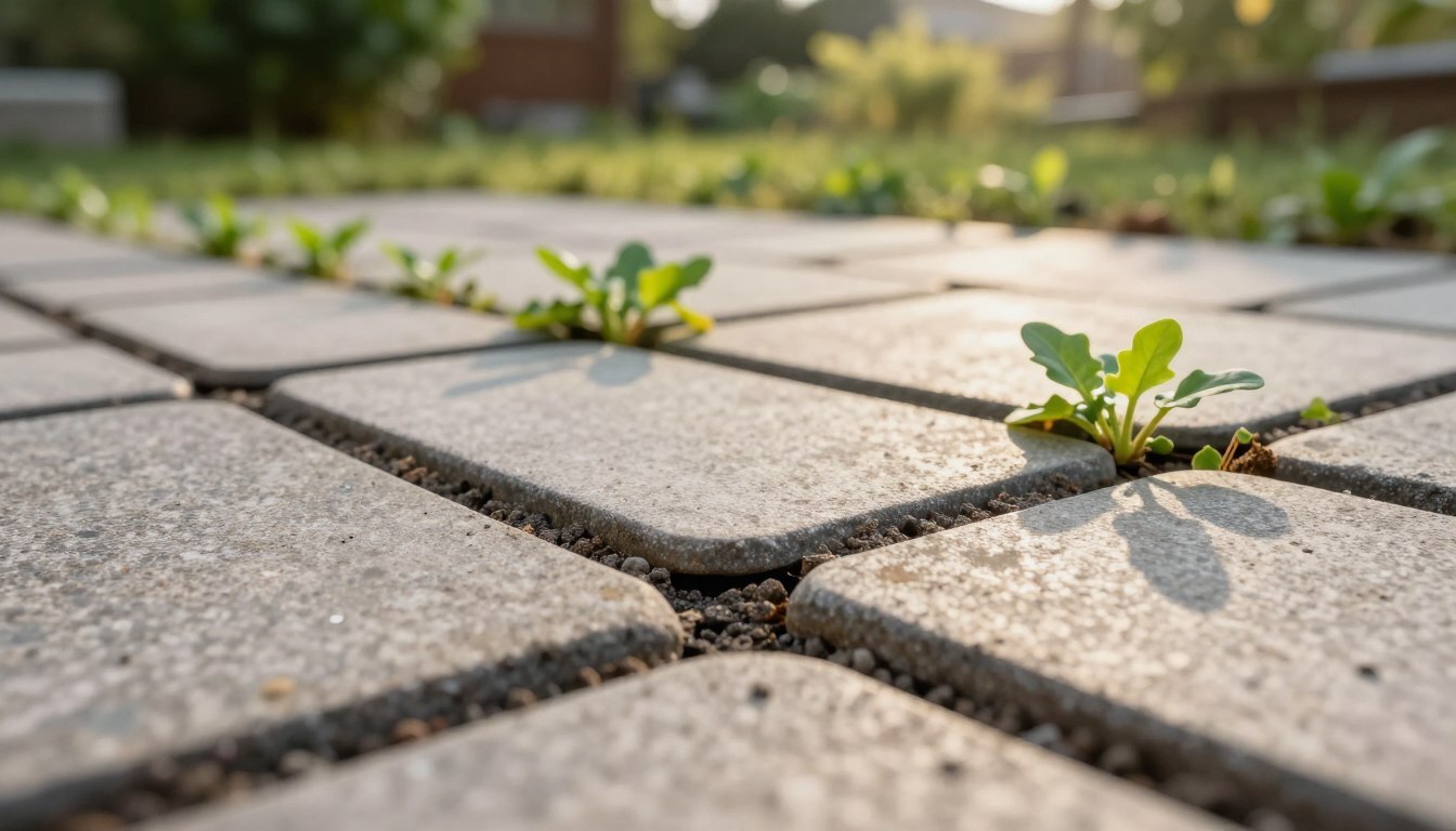 A close-up view of a paver patio with visible joints, focusing on the contrast between well-maintained pavers and emerging weeds.