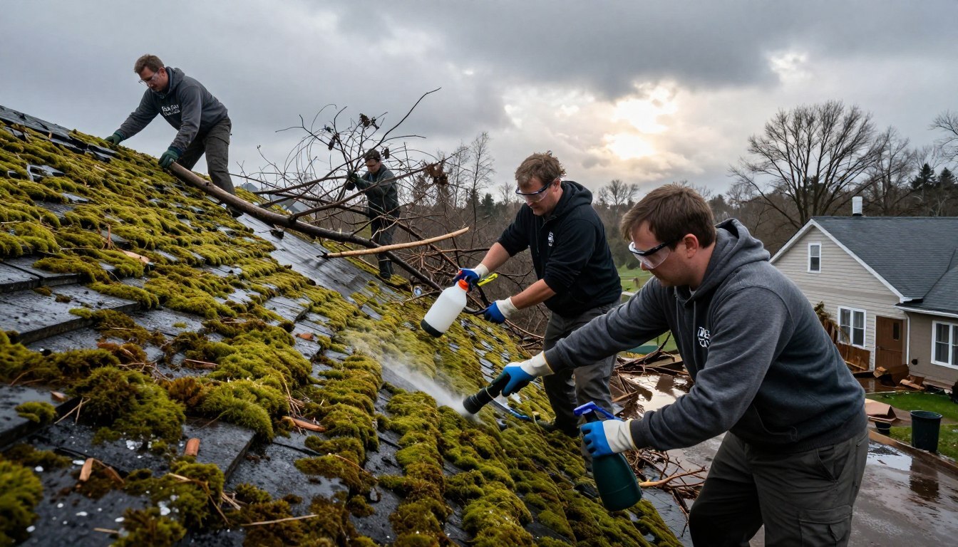 An outdoor scene depicting a team responding to a moss emergency after a major storm.