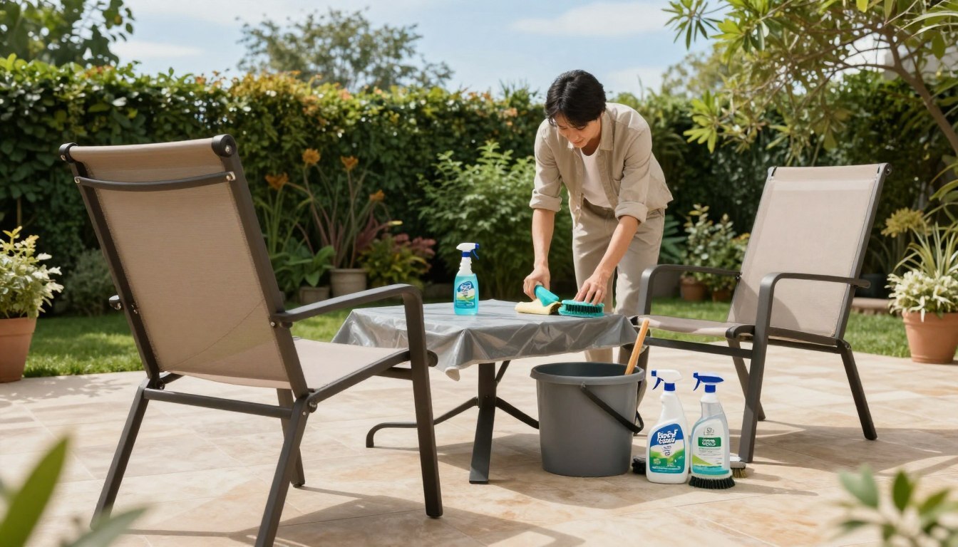 A serene outdoor patio scene showcasing the preparation for cleaning outdoor furniture.