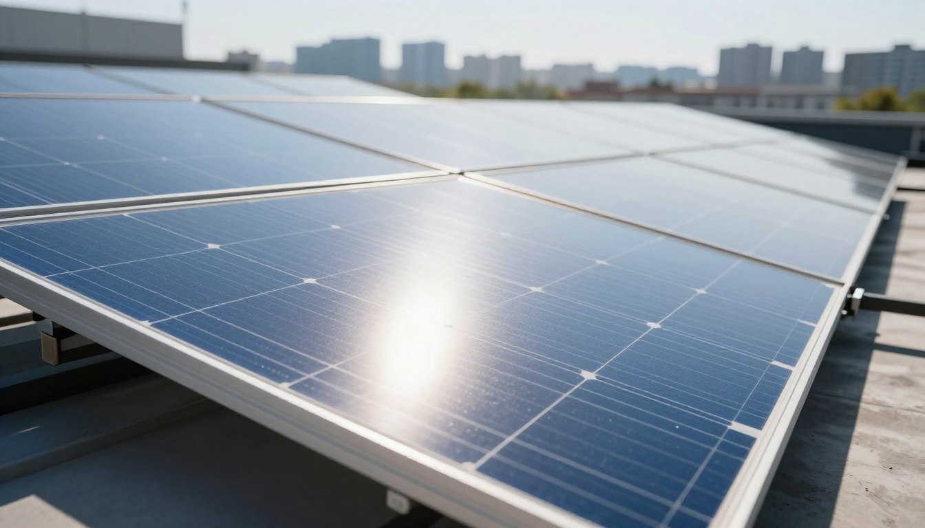 Solar panel glass glistening under bright sunlight