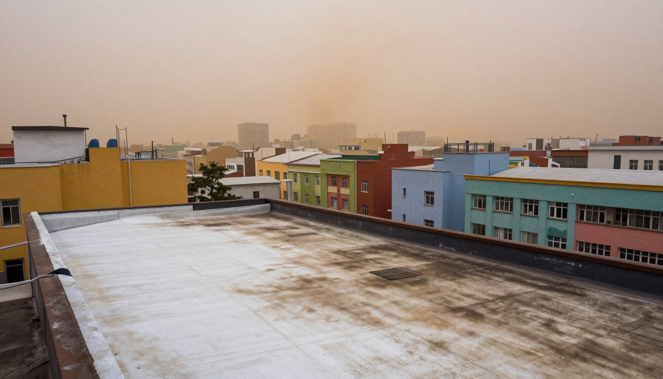 A detailed urban landscape showing the effects of atmospheric pollution on rooftop colors.