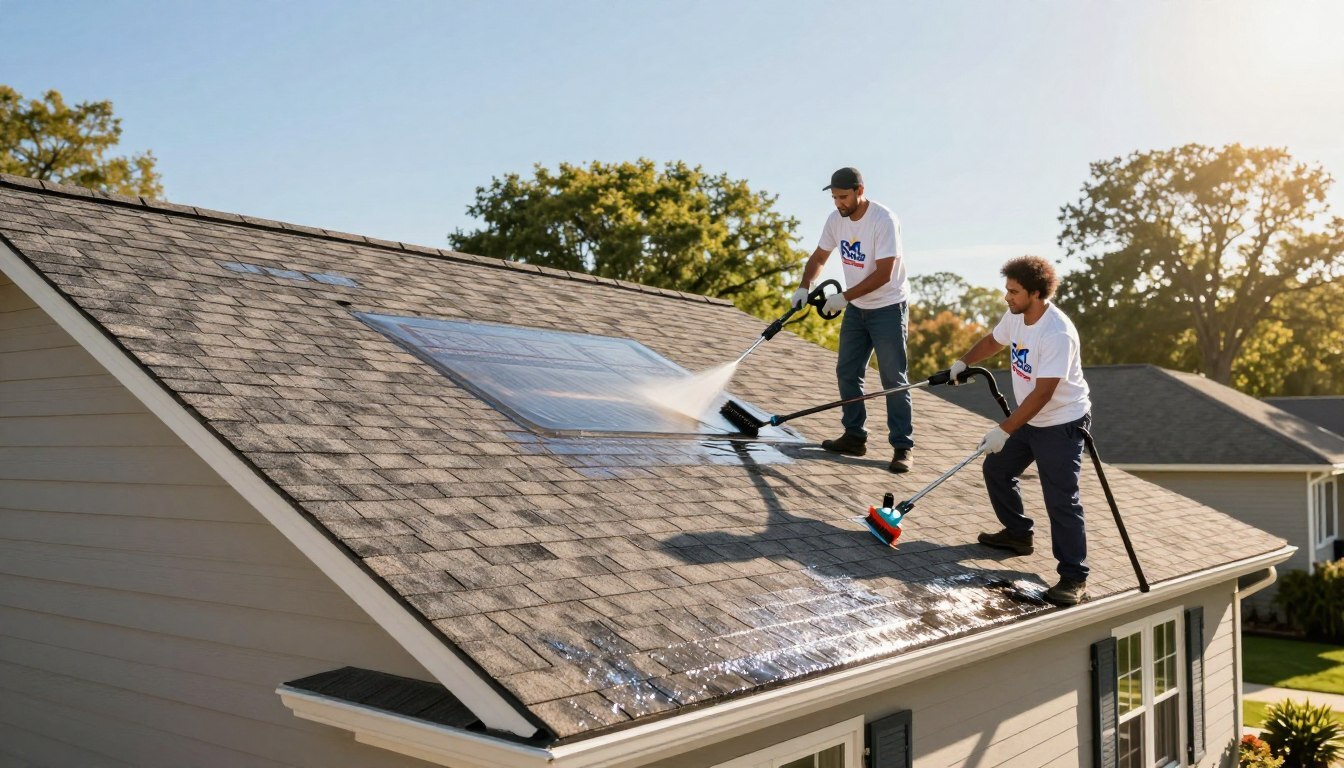 A pristine suburban home showcasing a recently cleaned roof by Roof Real Clean.