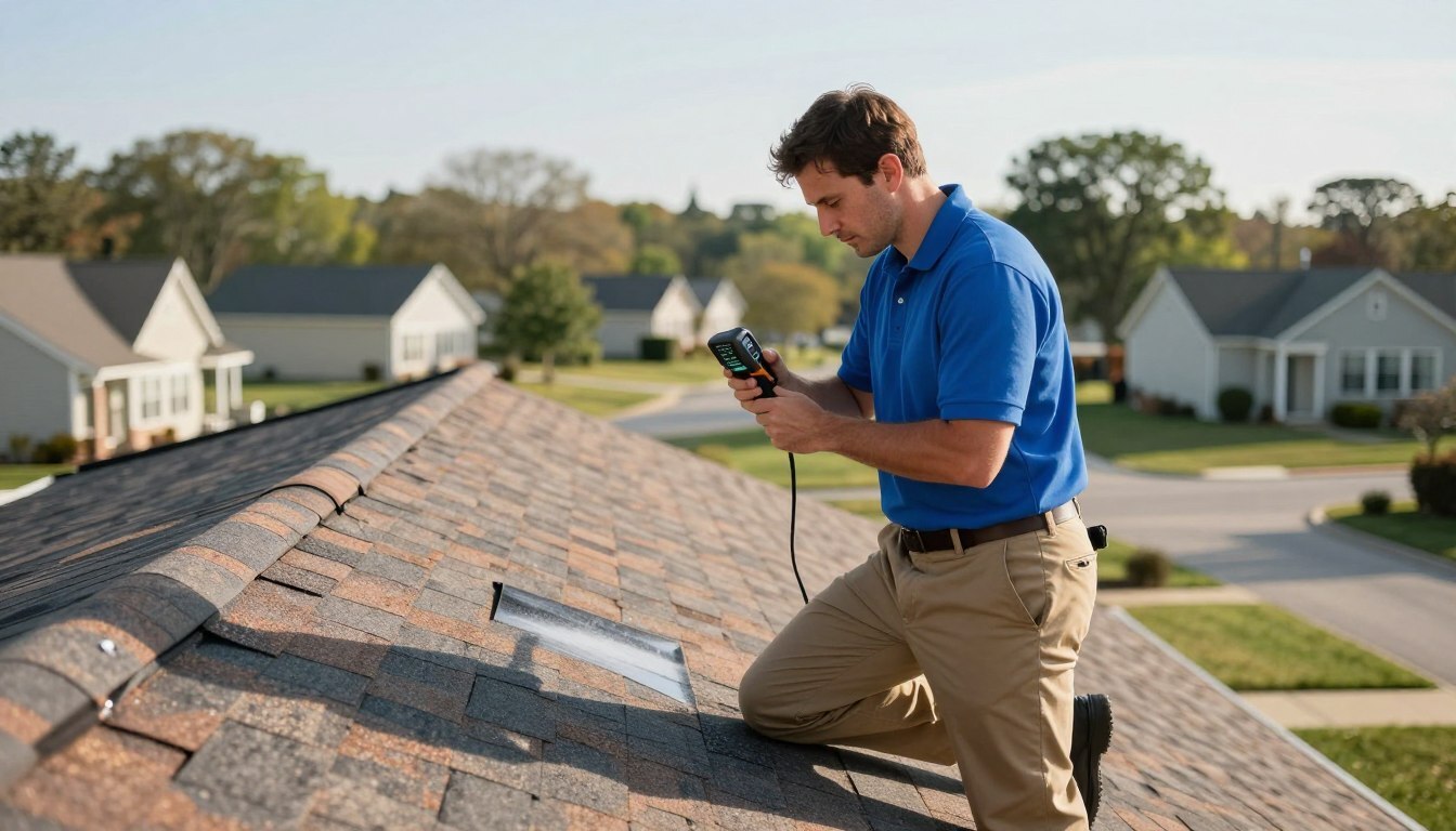 Technician checking weather conditions before roof cleaning