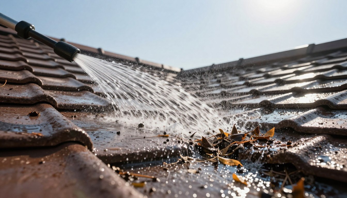 Gentle roof cleaning rinse carrying loosened debris
