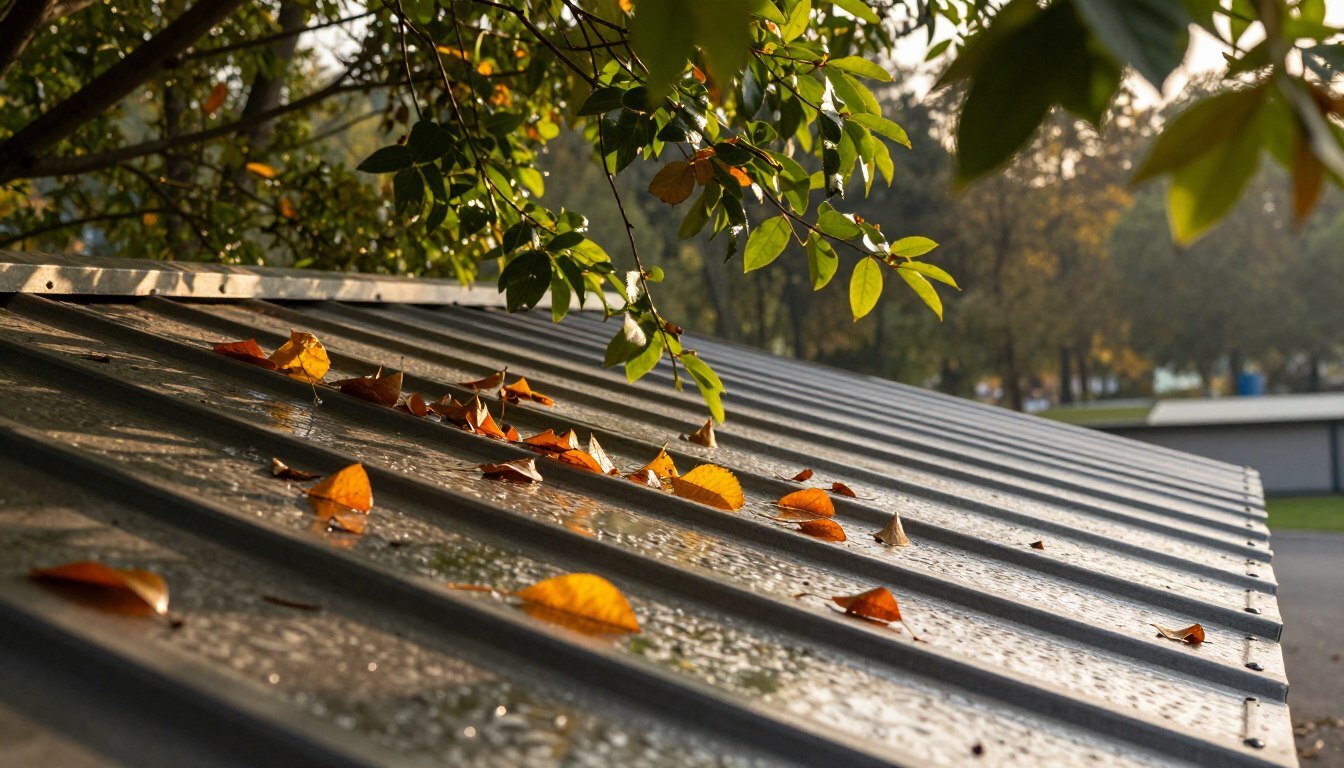 Leaves collecting on metal roof panels beneath overhanging trees
