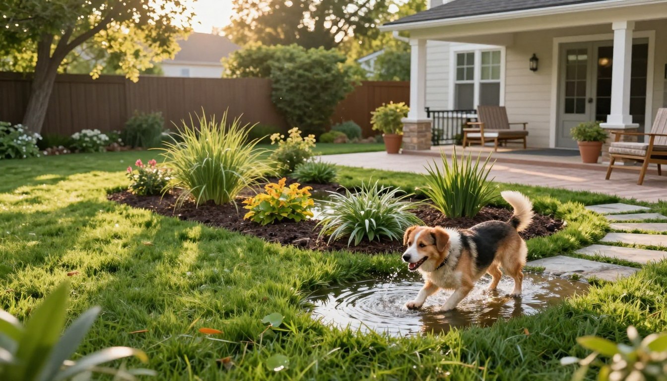 A serene backyard scene showcasing effective runoff management solutions, with lush green grass and a well-maintained patio.