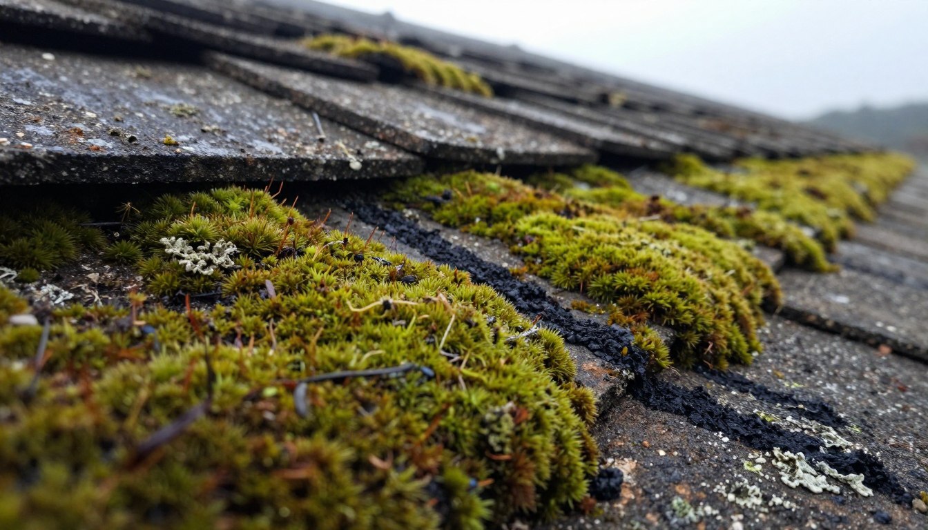 Moss, lichen, and dark algae streaks on a weathered roof surface