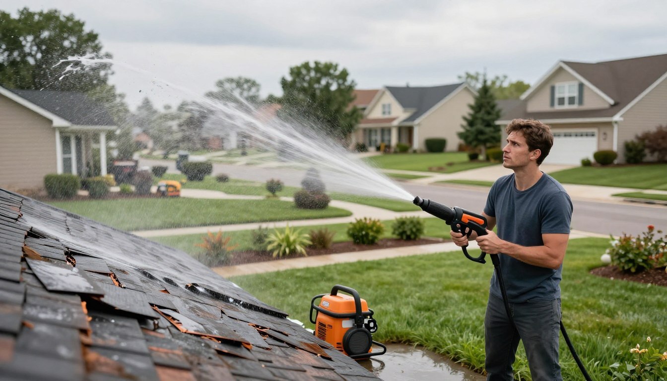 A concerned homeowner stands on a well-maintained lawn looking up at a roof being pressure washed.