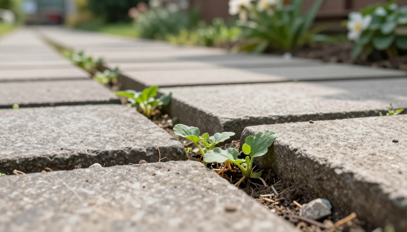 A close-up view of a paver pathway, focusing on the joints between the stones where weeds are taking root.