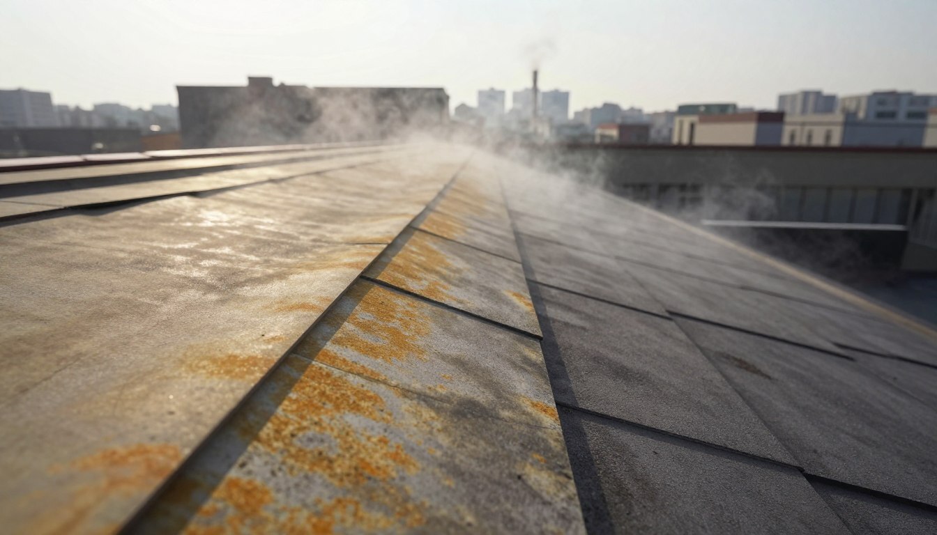 A close-up view of a roof undergoing color alteration due to atmospheric pollutants.