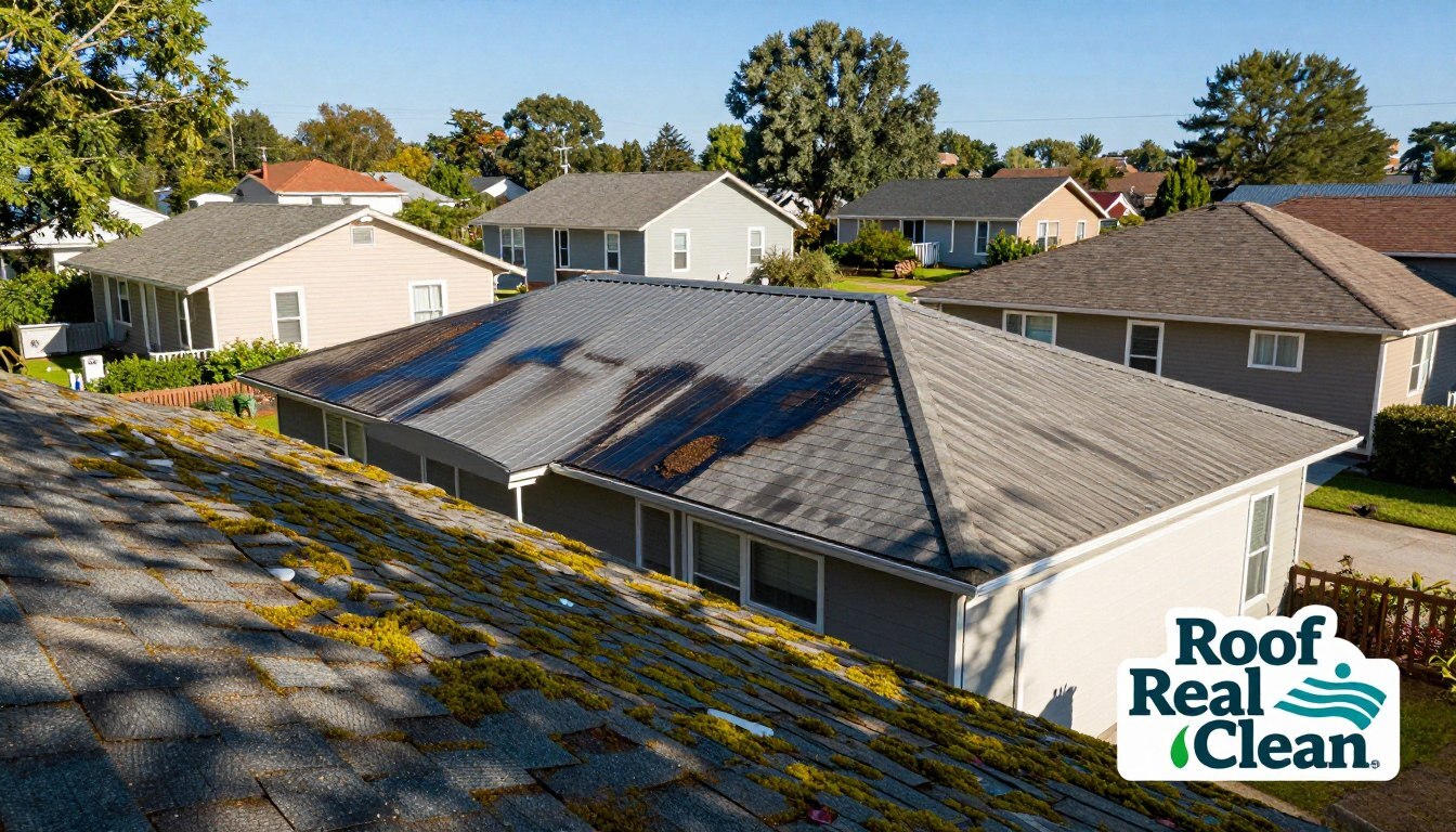 A suburban neighborhood showcasing various types of roofs and the effects of cleaning methods.