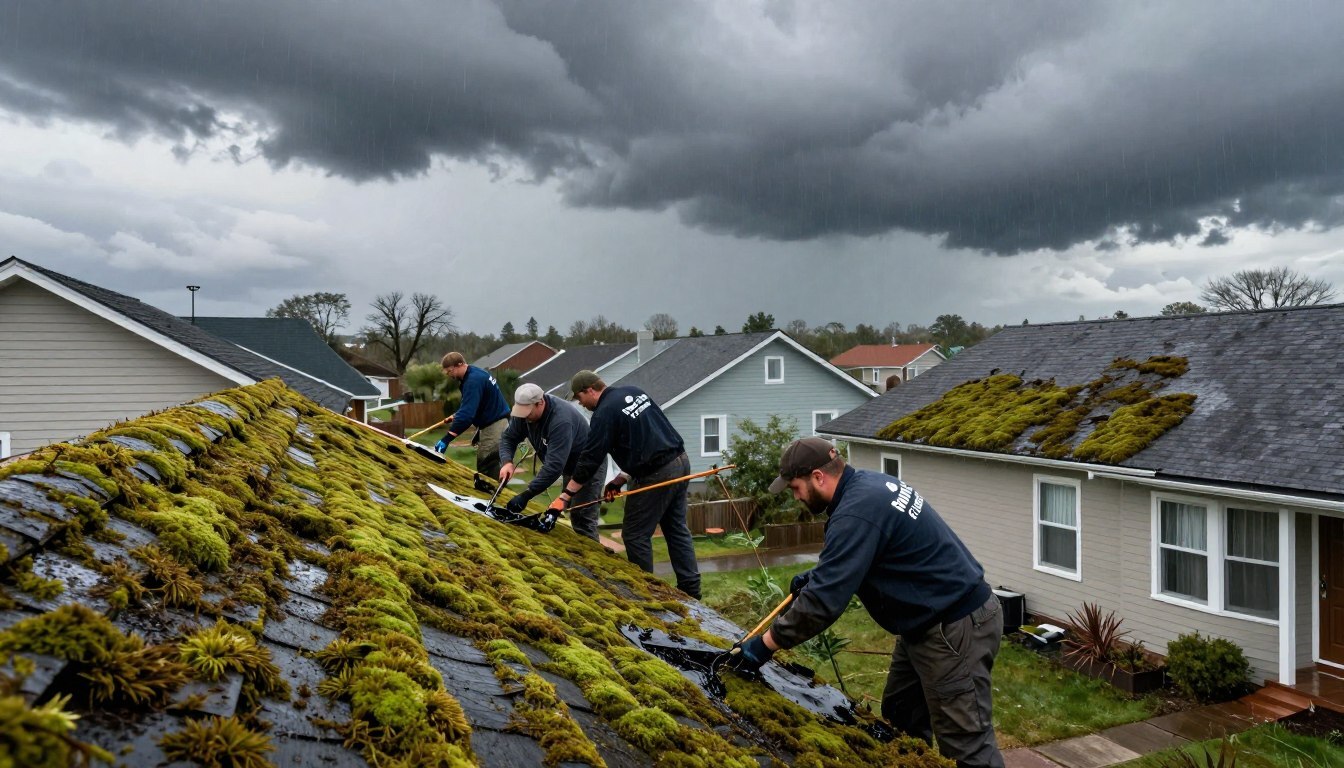 A dramatic scene depicting a moss emergency response after a major storm.