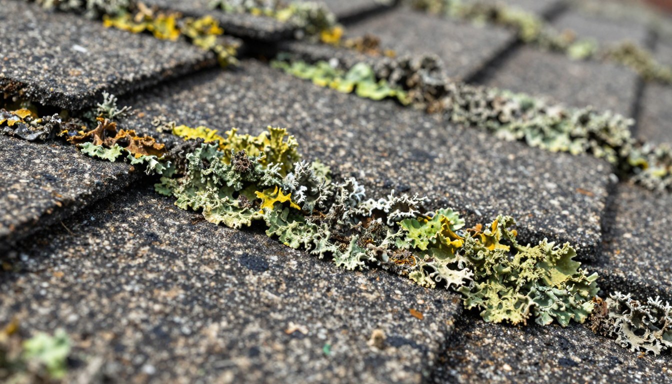 Lichen growth on asphalt shingles