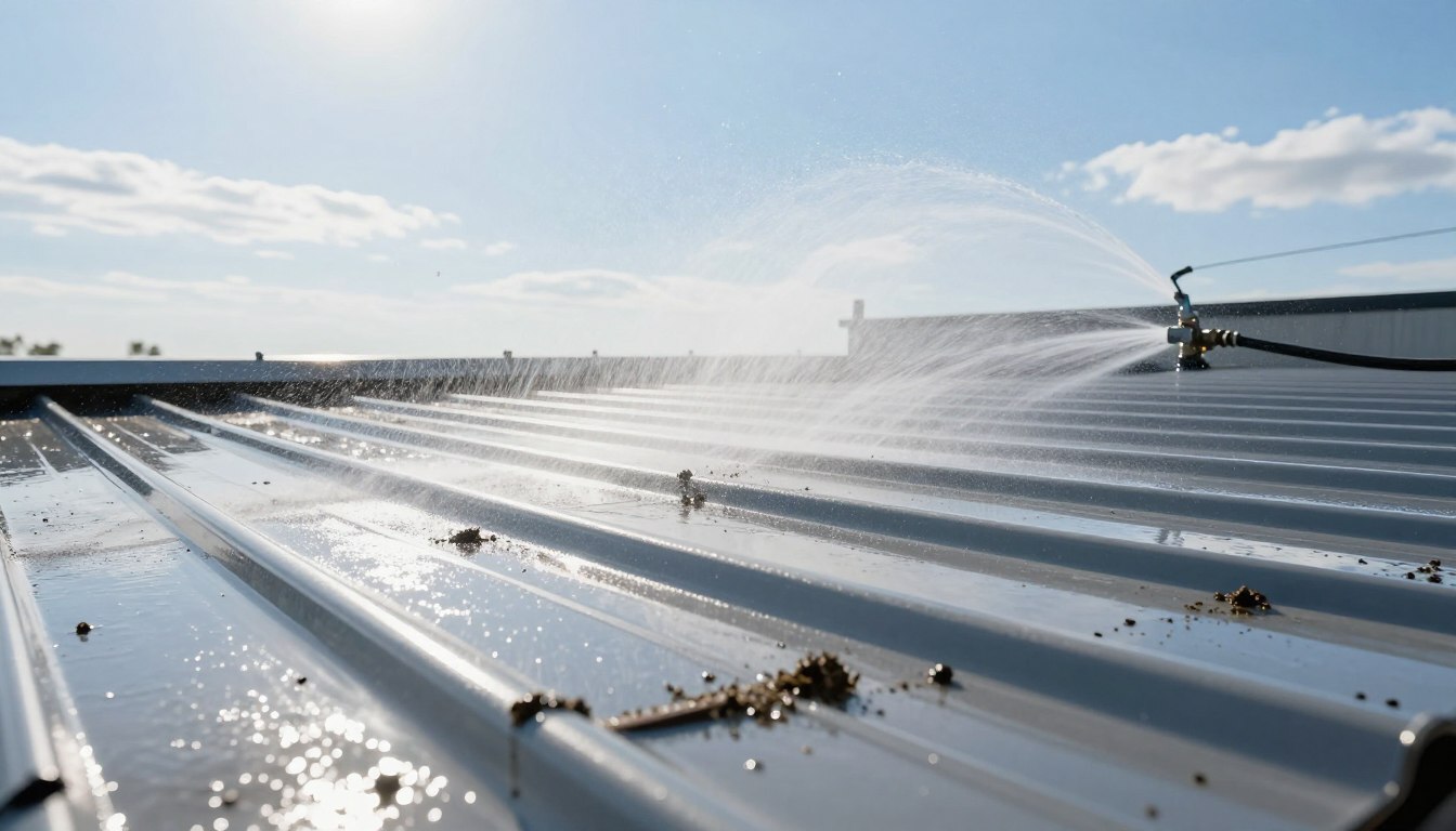 Low-pressure water rinsing grime from coated metal roof panels