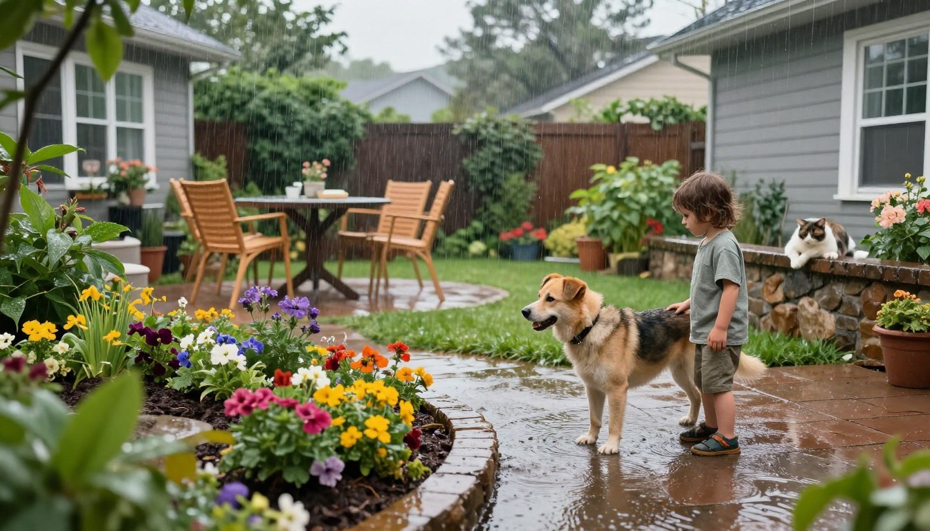 A serene suburban backyard scene capturing the essence of pet safety in relation to runoff.