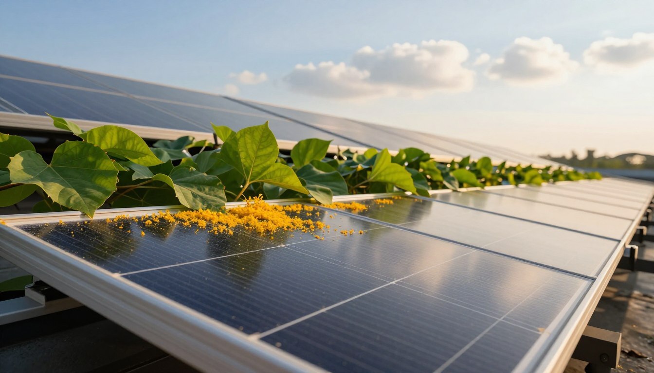 Rooftop solar panels with green leaves and yellow pollen resting on the surface